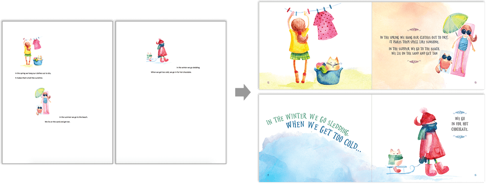 sample of a children's book before and after BookBaby's layout services