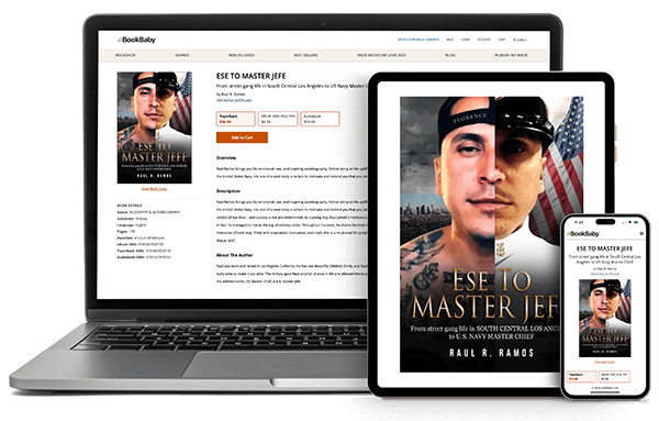 a book listed on Bookshop shown on a laptop, tablet, and phone