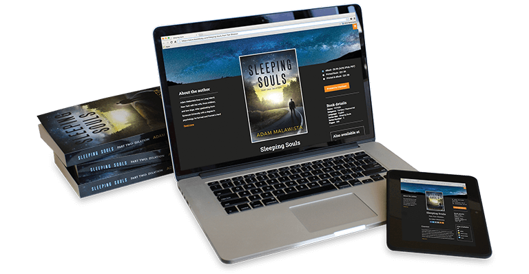 Stack of printed, self-published books, eBook covers on laptop and tablet